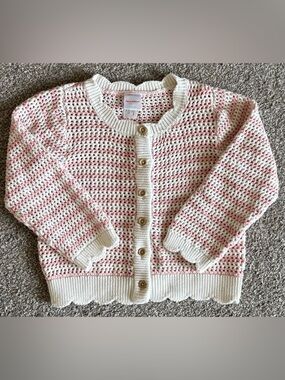 Hanna Andersson Pink and Cream Crocheted Button Cardigan